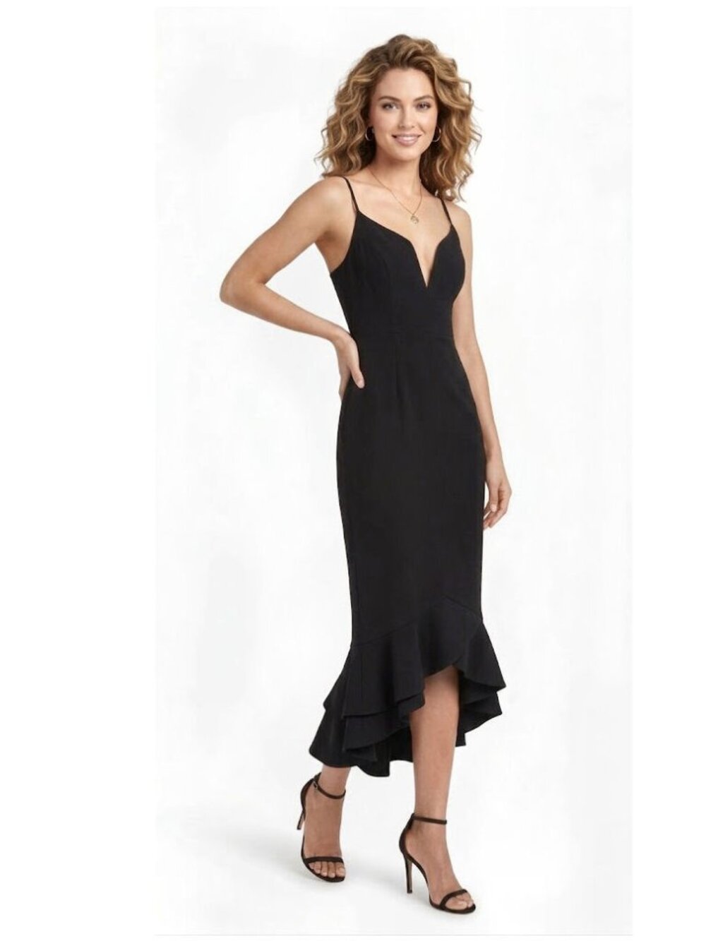 Bardot Plunging V-Neck Ruffle Mermaid Midi Dress, Black, Womens Size US 4 / XS